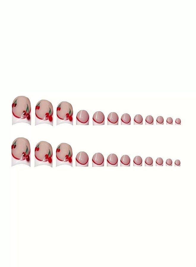 CTTHNBD 48Pcs Square Press on Nails Long & Press on Toenails Set, White French Tip Press on Nails with Cherry Design False Nails Short Press on Toe Nails Full Cover Stick on Nails for Women - Image 4